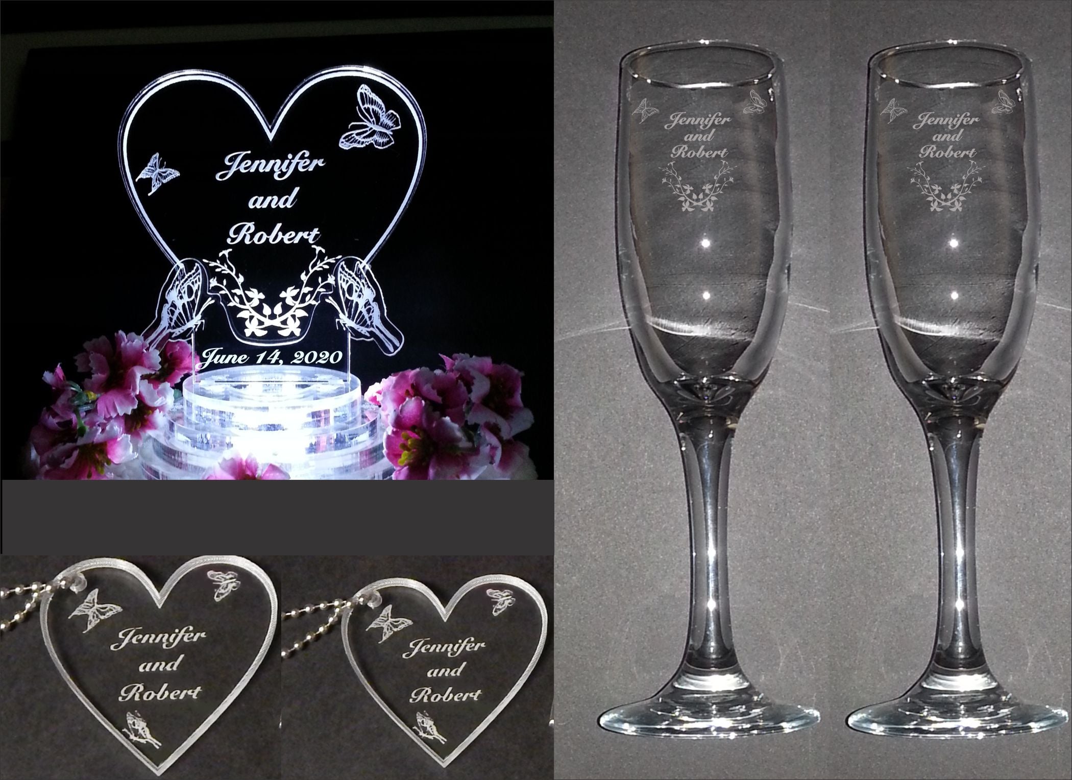 Personalized Double Heart Lighted Acrylic LED Wedding Cake Topper